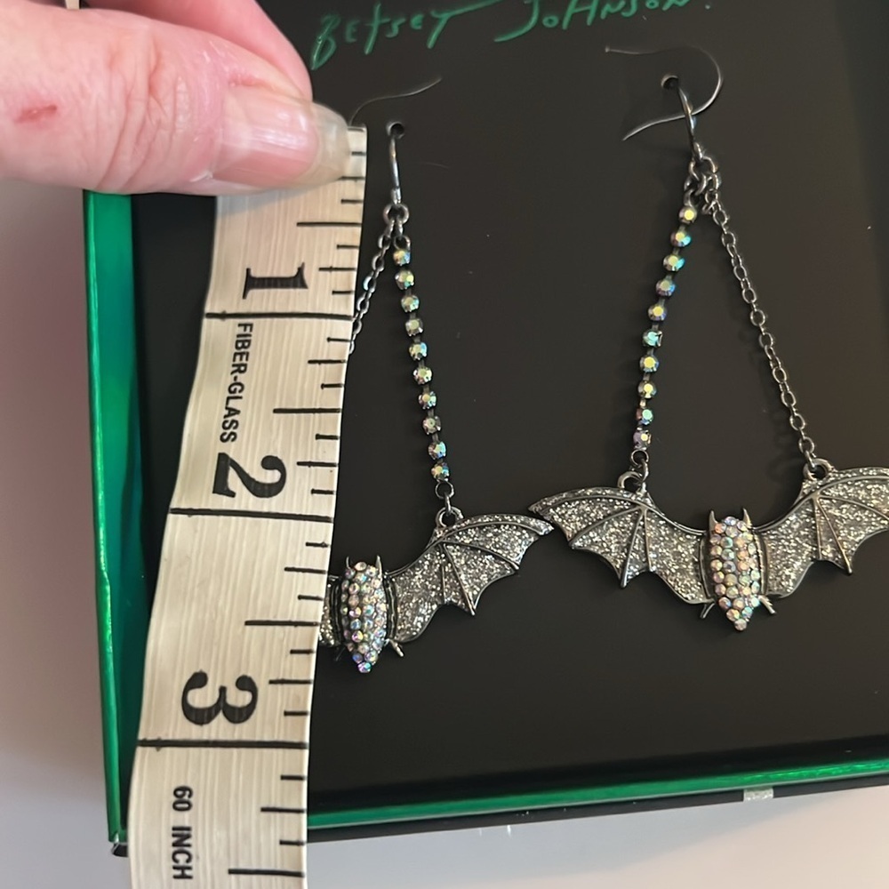 NWT BETSEY JOHNSON BAT CRYSTAL PAVE EARRINGS HEMATITE DANGLE GLITTER HOOK NIB - Picture 3 of 5